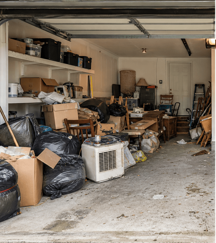 Cluttered garage before Wee Haul cleanout