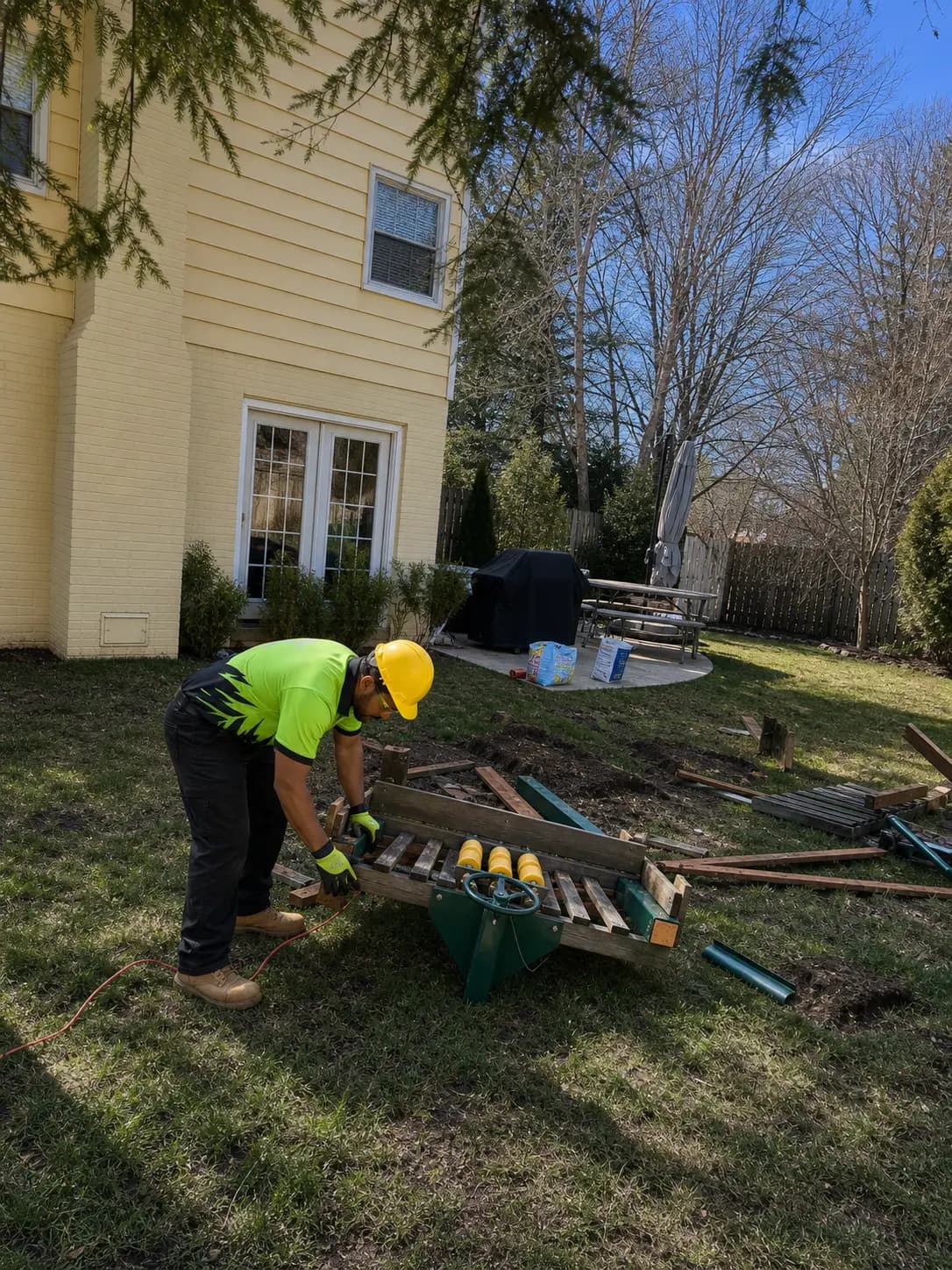 Wee Haul worker removing a wooden swing set from a backyard