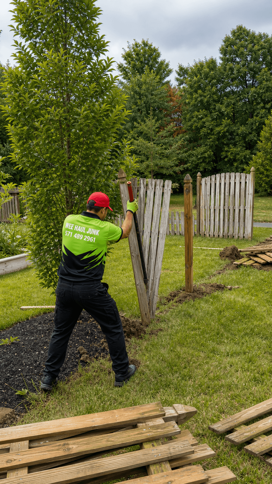 Wee Haul crew member prying apart an old wooden picket fence in a Northern Virginia backyard
