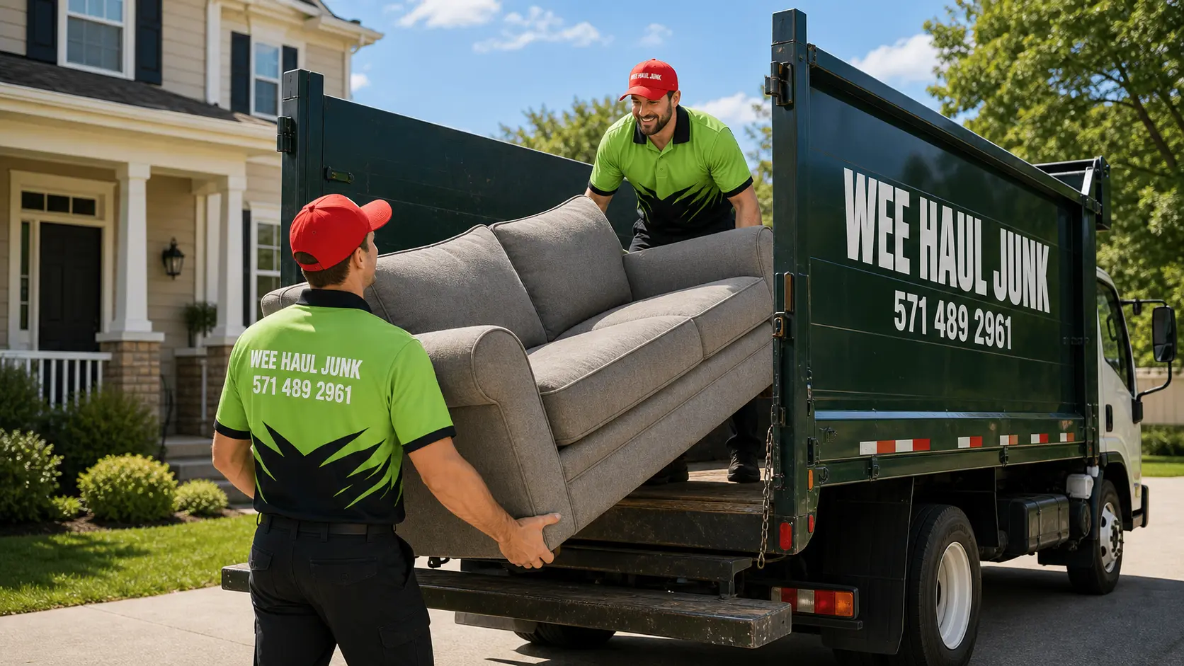 Wee Haul crew carrying out an old couch in Leesburg, VA